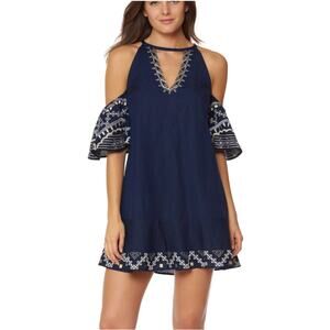 Red Carter Phoebe Mini Dress Linen Cotton Embroidered Navy Cold Shoulder Sz S